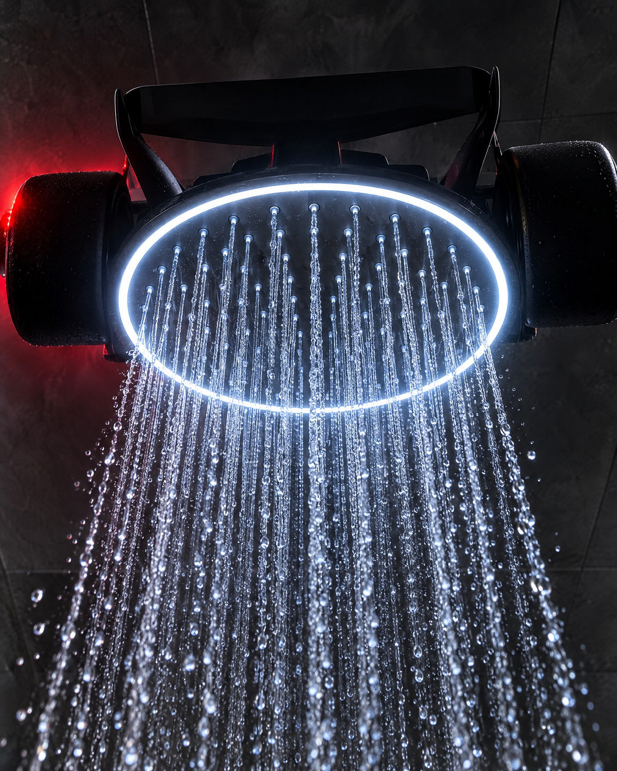 PitRain LED ring glowing with rain falling from the rain plate